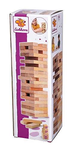 Eichhorn 100002466 Stapelspiel, Geschicklichkeitsspiel für die ganze Familie, Balance Tower gefertigt aus unbehandelten Holz, Wackelturm 54 teilig, geeignet ab 5 Jahren