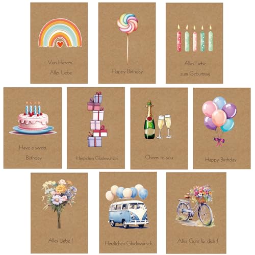 Geburtstagskarten Set (10 Stück) mit Umschlägen - Grußkarten für...